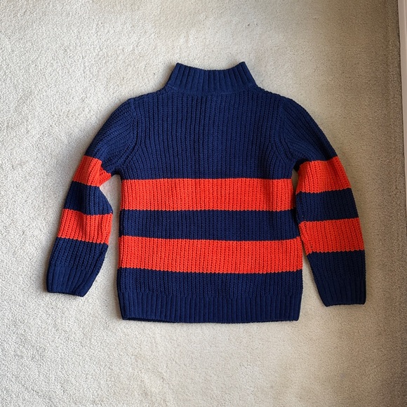 Hanna Andersson Chunky Knit 3 Button Navy Blue Orange Stripe Sweater Boys Size 8 - Picture 2 of 9
